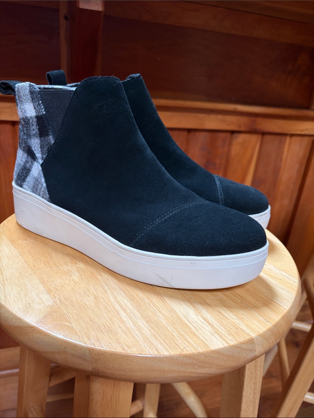 Toms Black Plaid-Back Wedge Ankle Boots